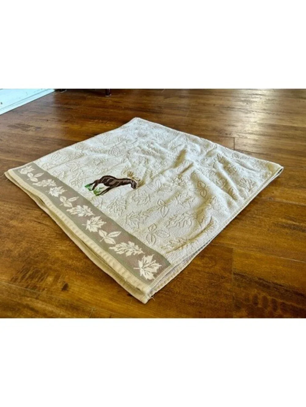 Bath Beige Cotton Hand Towel with Moose Embroidery and Leaf Border
